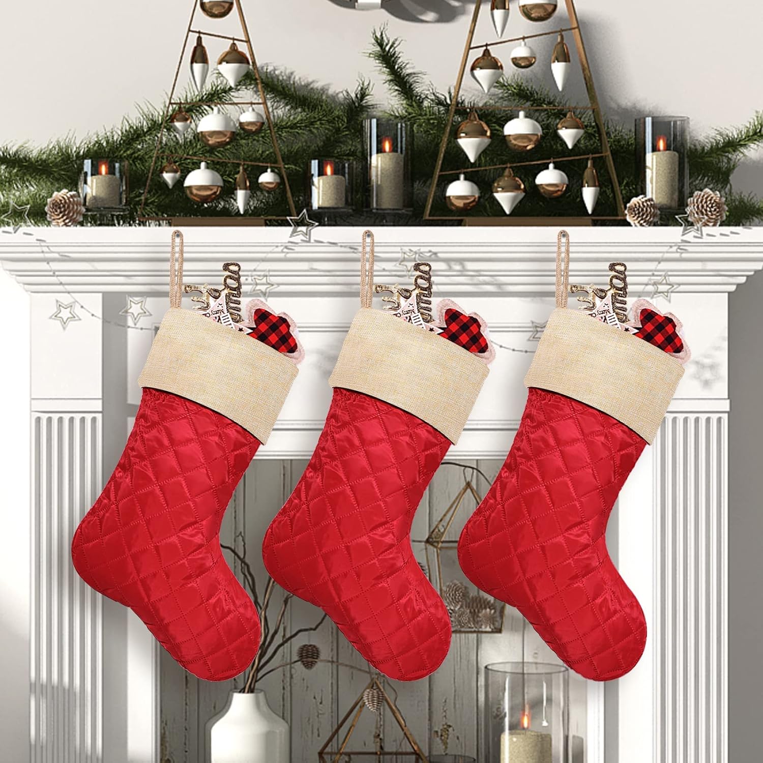 Stockings & Holders - ELEGANTPARK Christmas Stockings 3 Pack Cotton Quilted Burlap Christmas Stocking Large Luxury Red Stockings Christmas for Xmas Holiday Fireplace Hanging Decoration Gifts for Family Kids