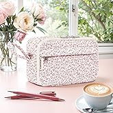 WOBAGMEN Quilted Pencil Pouch for Girls Women, Large Pencil Case Pouch with Compartments Cute Aesthetic Pencil Case Organizer, Floral Pencil Bag for School Supplies (pink floral)