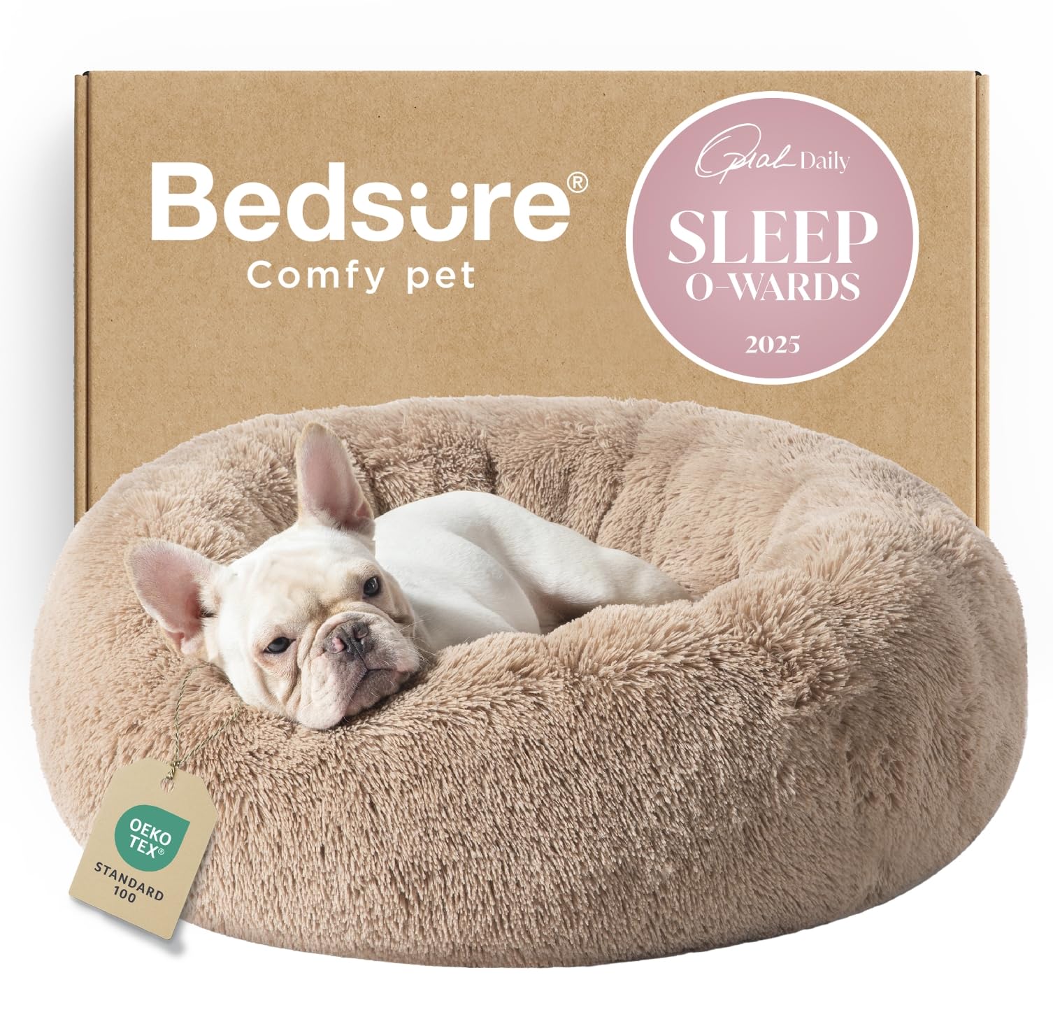 Photo 1 of Bedsure Calming Dog Bed Medium Size Dog - Donut Washable Medium Pet Bed, 30 inches Anti-Slip Round Fluffy Plush Faux Fur Cat Bed, Fits up to 45 lbs Pets, Camel