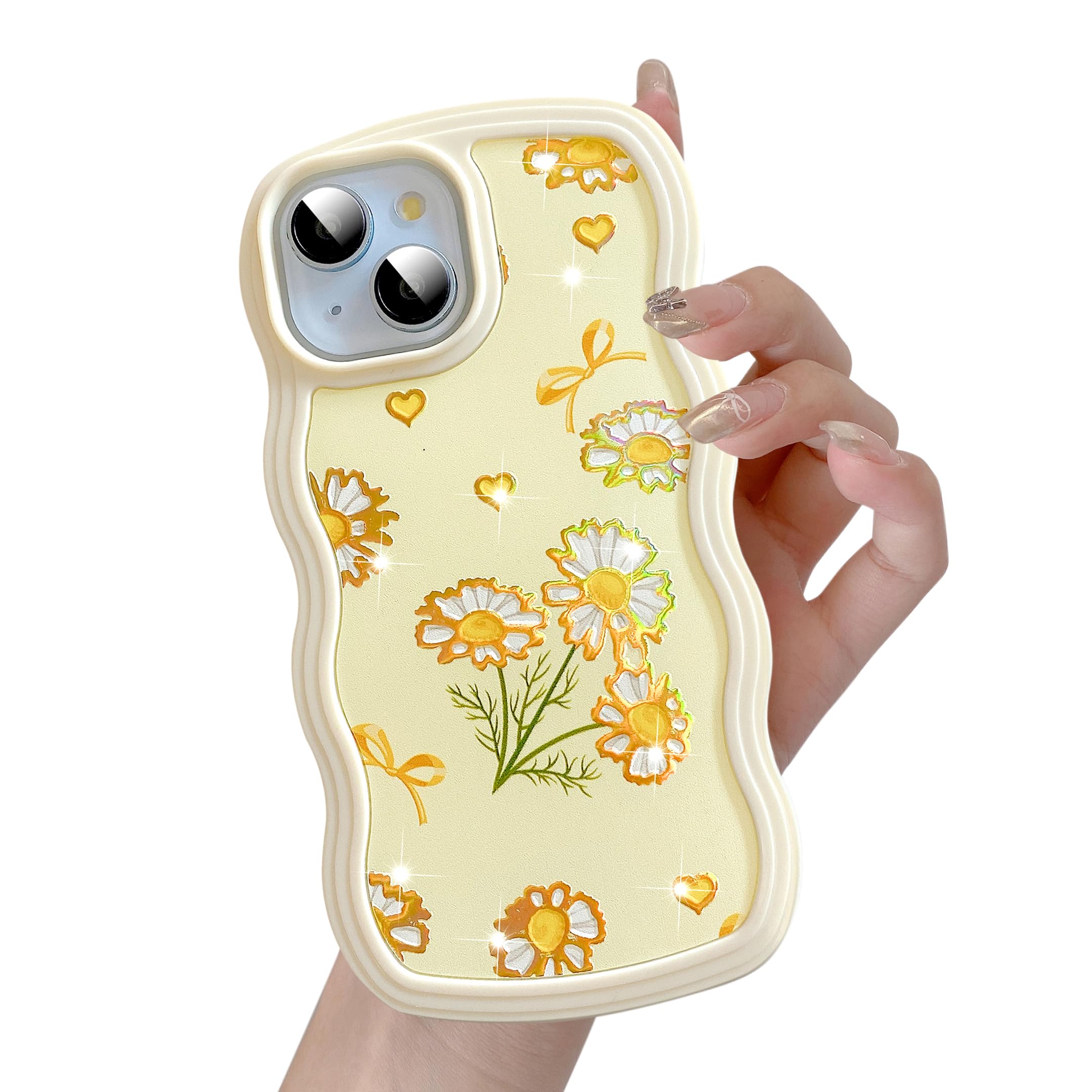UEEBAI for iPhone 15 Plus & 14 Plus Case, 6.7" Floral Wave Frame Cute Curly Flower Case with Aesthetic Pattern, TPU Slim Bumper Shockproof Protective Cover for Women Girls - Yellow Daisy