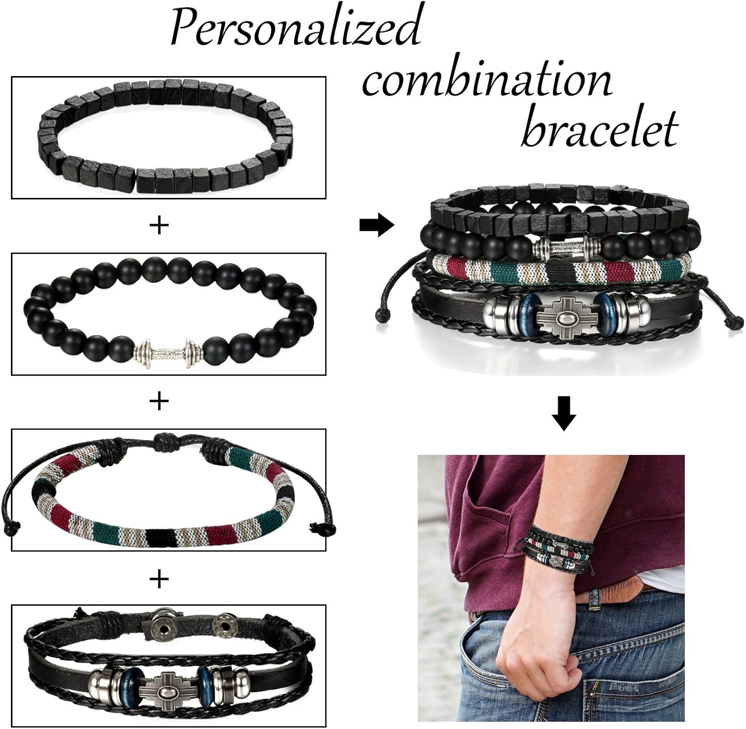 Oidea 8pcs Stackable Multi Leather Layer Wood Beads Dumbbell Tribal Link Cuff Bracelet for Men Women - Image 3