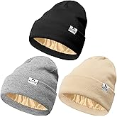 KUTTOR 3 Pack Satin Lined Winter Beanie Hats for Men Women Silk Lined Beanies Soft Knit Warm Slouchy Cuffed Winter Hat