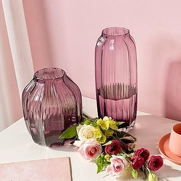 Buy Casamotion Short And Long Ribbed Purple Glass Flower Vase Set