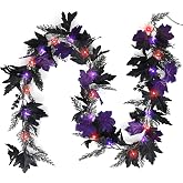 CCINEE Halloween Fall Maple Garland with Purple Orange Lights 5.9 FT Black and Purple Leaf Foam Fruit Vines Garland Lights with Timer for Mantle Fireplace Wedding Party Halloween Decoration