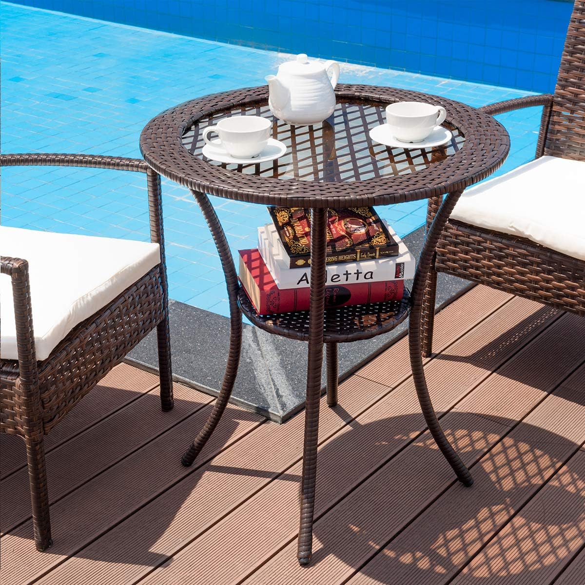 Tangkula 25” Patio Wicker Coffee Table Outdoor Backyard Lawn Balcony Pool Round Tempered Glass Top Wicker Rattan Steel Frame Table Furniture W/Lower Shelf: Kitchen & Dining