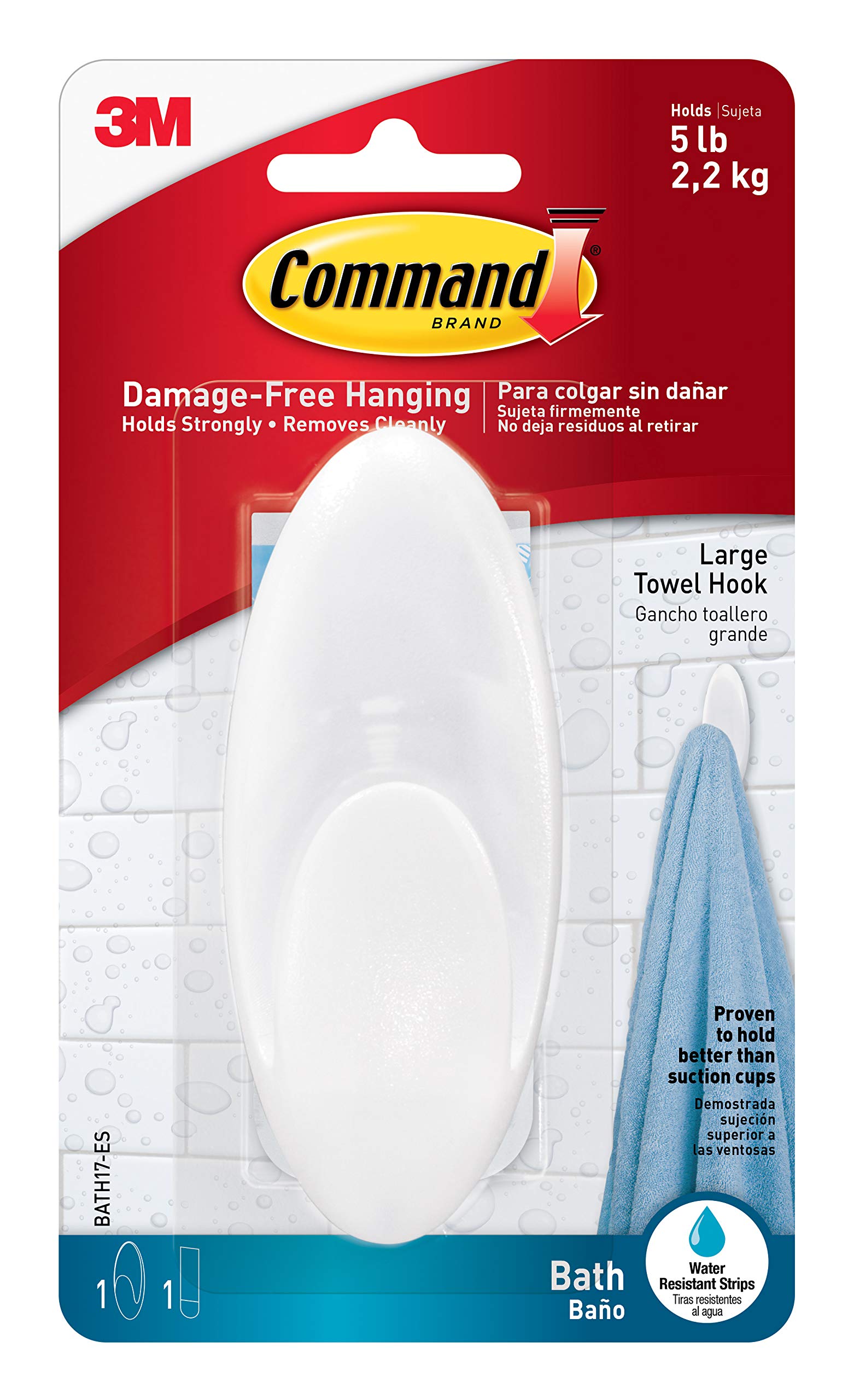 Command Bath Large Towel Hook, White, Water Resistant - 1 Hook and 1 Adhesive Strip - Hang Towels, Robes and Other Bathroom Accessories - Damage Free Hanging