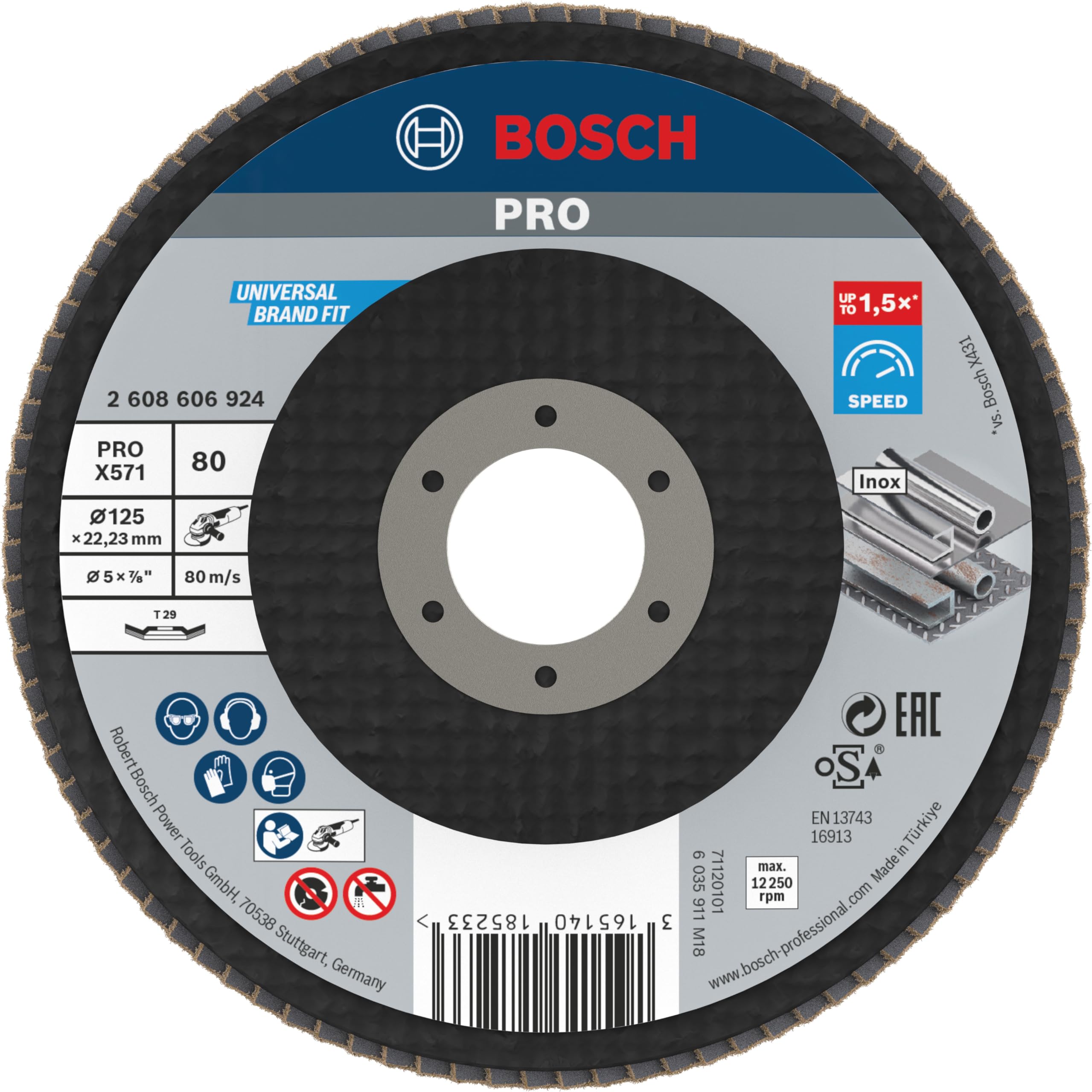 Bosch 1x PRO Metal X571 Flap Disc Angled Version Fiber for Small Angle Grinders (for Steel, Stainless steel, Ø 125 mm, Grit 80, Professional Accessory Small Angle Grinder)