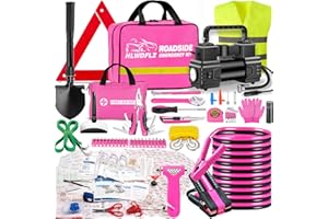 HLWDFLZ Car Emergency Kit with Portable Air Compressor - Roadside Assistance Emergency Kit with Jumper Cables, First Aid Kit, Auto Tool Set, Winter Safety Kit for Women, Men, Teen (Pink)