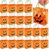 Sweetude 12 Packs Halloween Plastic Pumpkin Bags with Handles Halloween Jack O Lantern Pumpkin Party Gift Handles Bags Candy Favors, 6 x 6.3 Inch