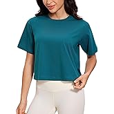 CRZ YOGA Womens Loose Fit Cotton Polyester Short Sleeve Shirts Crop Tops Casual Workout T-Shirts