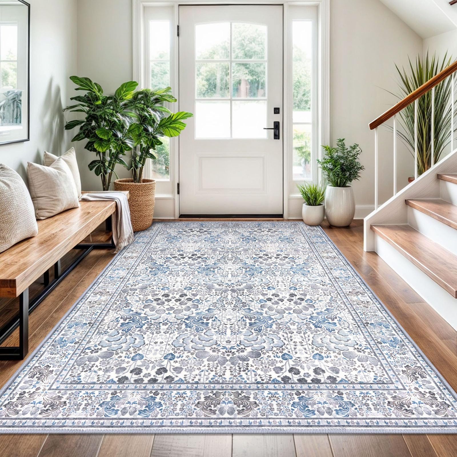 SIILOOM 4x6 Modern Rug for Farmhouse, Grey Blue Super Soft Washable Rug with Non-Slip, Low-Pile Indoor Door Area Rugs for Living Room Bedroom, Carpet with Non-Shedding Image