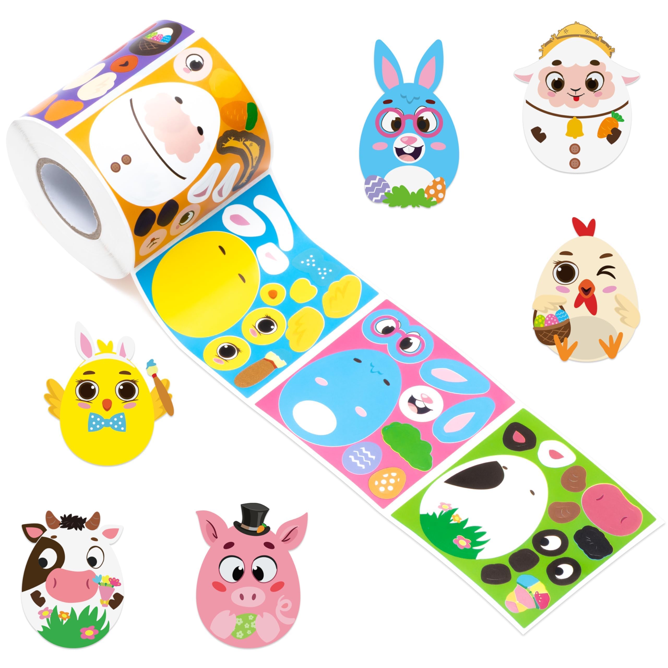 Haooryx Easter Egg Sticker Roll - 300Pcs Make Your Own Animal Egg Stickers Make A Face Self Adhesive Waterproof Vinyl Water Bottle Laptop Skateboard Easter Party Favors Activity Pad Scrapbook Supplies