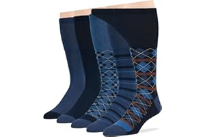 7BIGSTARS KINGDOM 7BigStars Men Diabetic Loose Dress Business Cotton Mid Calf Socks - 5 Pack Large - Geometric, Argyle, Stripe - Sock Size 10-13 Shoe Size 9-12 L Dark Navy, Denim Blue