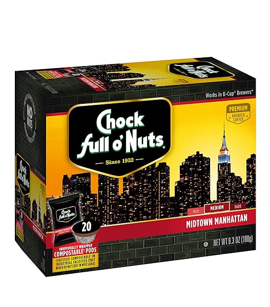 CHOCK FULL O’ NUTS MIDTOWN MANHATTAN MEDIUM ROAST, K-CUP COMPATIBLE PODS (20 COUNT) – ARABICA COFFEE IN ECO-FRIENDLY KEURIG-COMPATIBLE SINGLE SERVE CUPS