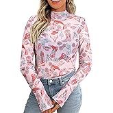 Western Mesh Top Women See Through Cowboy Shirt Mock Neck Country Concert Outfits Layering Sheer Long Sleeve Tops