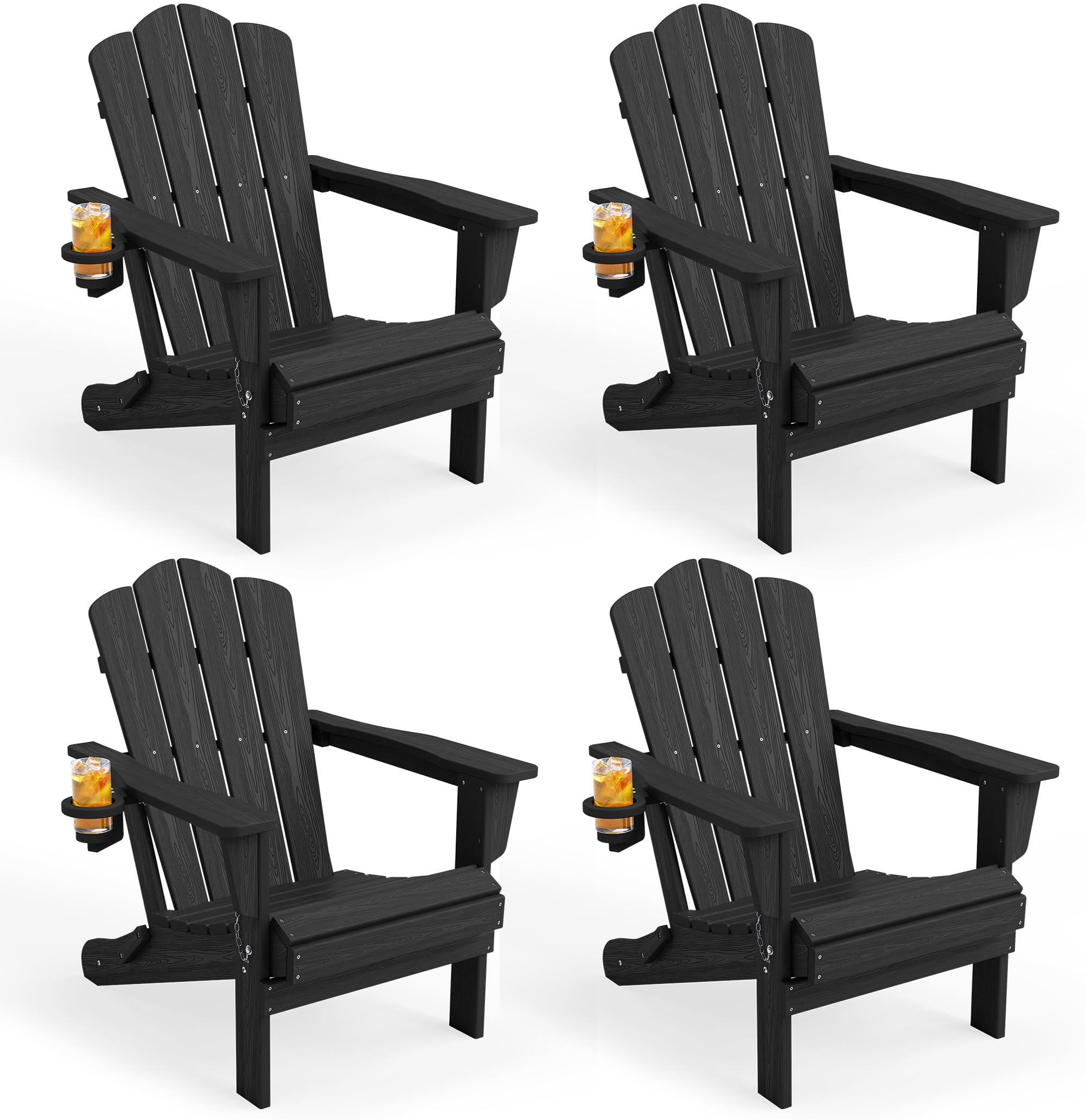 KINGYES Folding Adirondack Chair Set of 4, HDPE All-Weather Patio Chairs with Cup Holder, Wooden Textured Fire Pit Chairs for Poolside, Backyard, Deck, Black Image