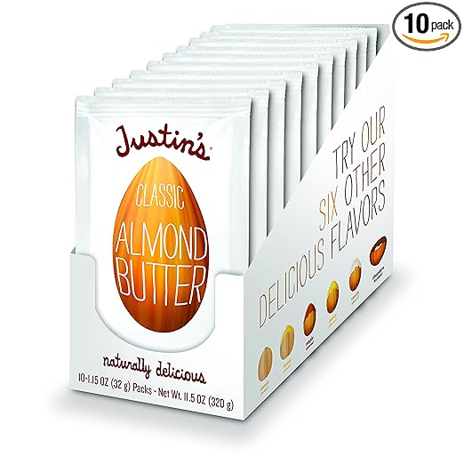 Classic Almond Butter Squeeze Packs by Justin's, Only Two Ingredients, Gluten-free, Non-GMO, Responsibly Sourced, Pack of 10 (1.15oz each)