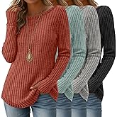 Velvelhall 4 Pack Women's Long Sleeve Shirts Boat Neck Ribbed Knit Sweaters with Thumb Holes Loose Fit Casual Tops