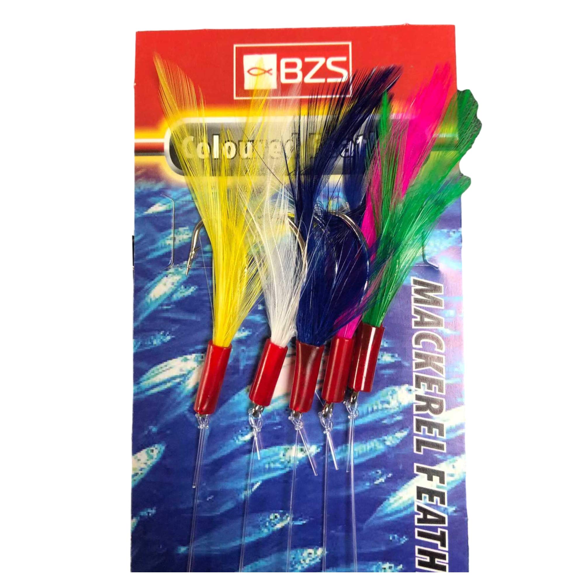 BZS Coloured Mackerel Feathers Rigs Hooks for Sea Fishing Cod with Lures Bait Tackle Accessories to all summer species (5 Packets)