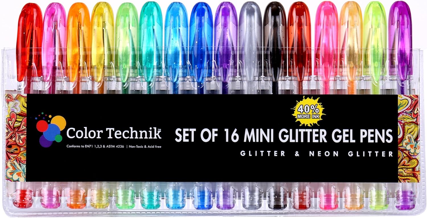 Color Technik, Glitter Gel Pens, set di 16 mini penne gel glitterate