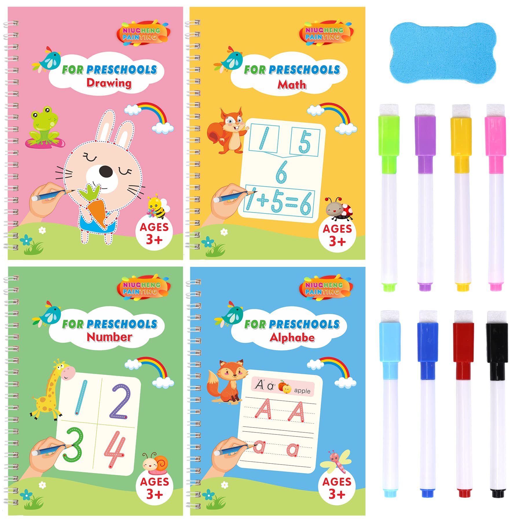 Larcenciel Handwriting Practice Books for Kids, 4 Pcs Wipe-Clean Books w/Pens and Whiteboard Eraser, Reusable Preschool Activity Children Learn to Write Book for Drawing, Math, Number, Alphabet