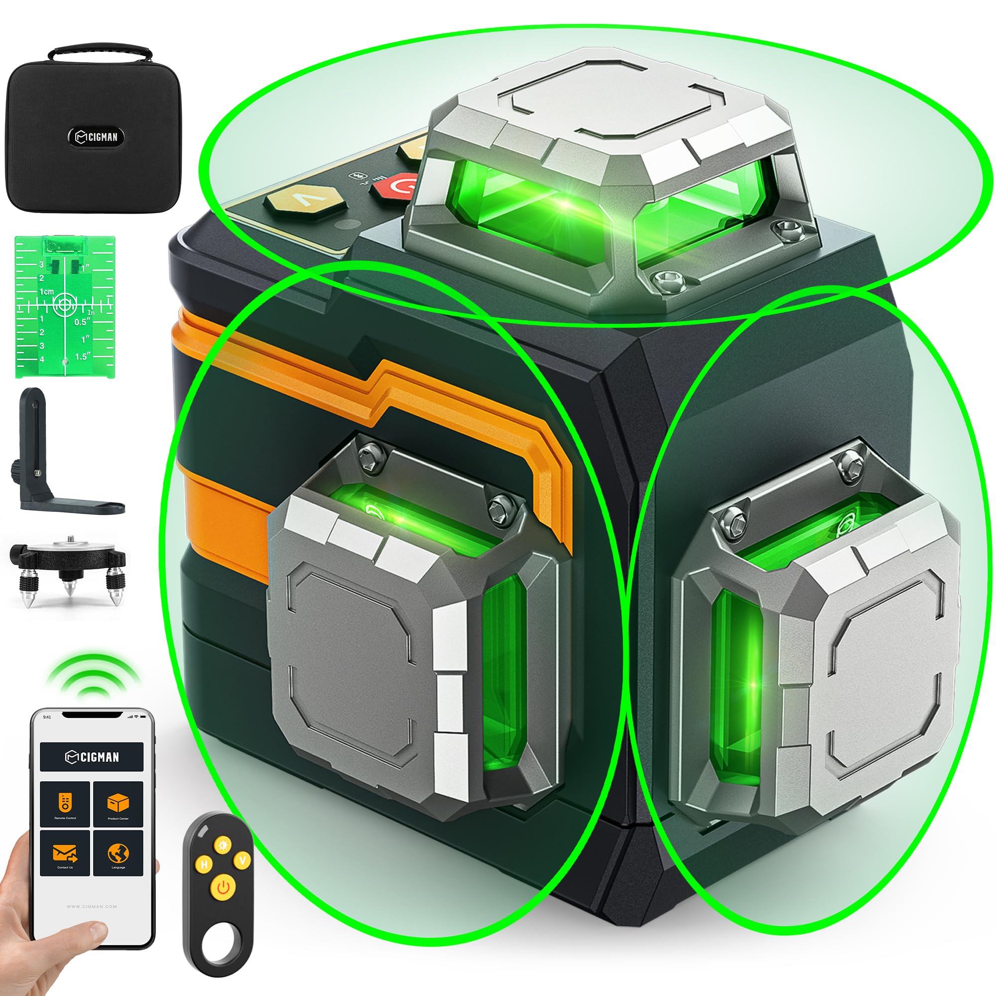 Photo 1 of 3x360° Laser Level with Remote&APP Control, CIGMAN Green Self Leveling Cross Line Laser for Construction and Picture Hanging, 3D Vertical/Horizontal Line, Magnetic Rotating Stand Included, CM-S01