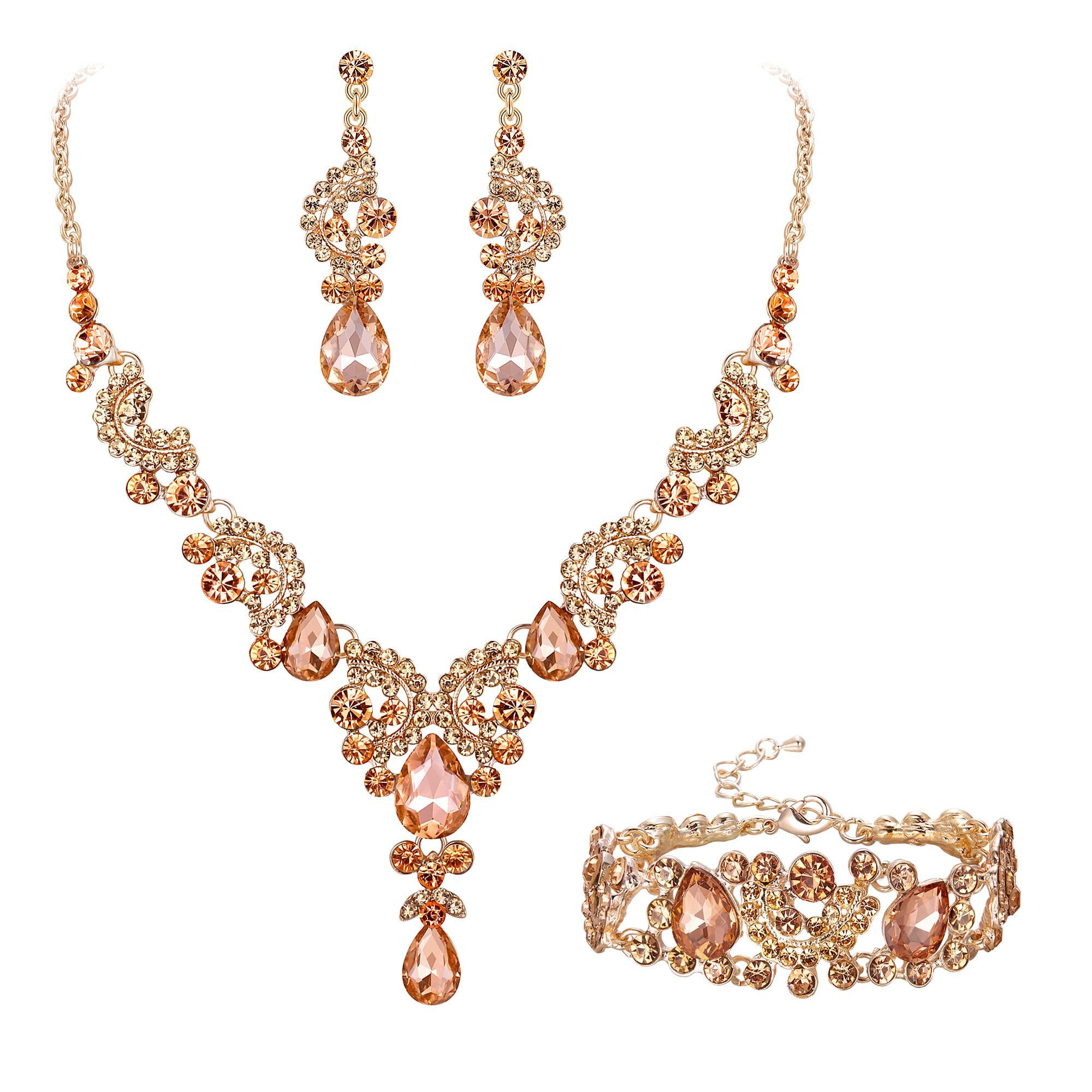 Ever Faith Wedding Jewellery Set for Women, Sparkly Rhinestone Crystal Vintage Floral Teardrop Brides Bridal Necklace Earrings Bracelet Sets Prom Party Costume Jewelry 3 Pcs Champagne Color