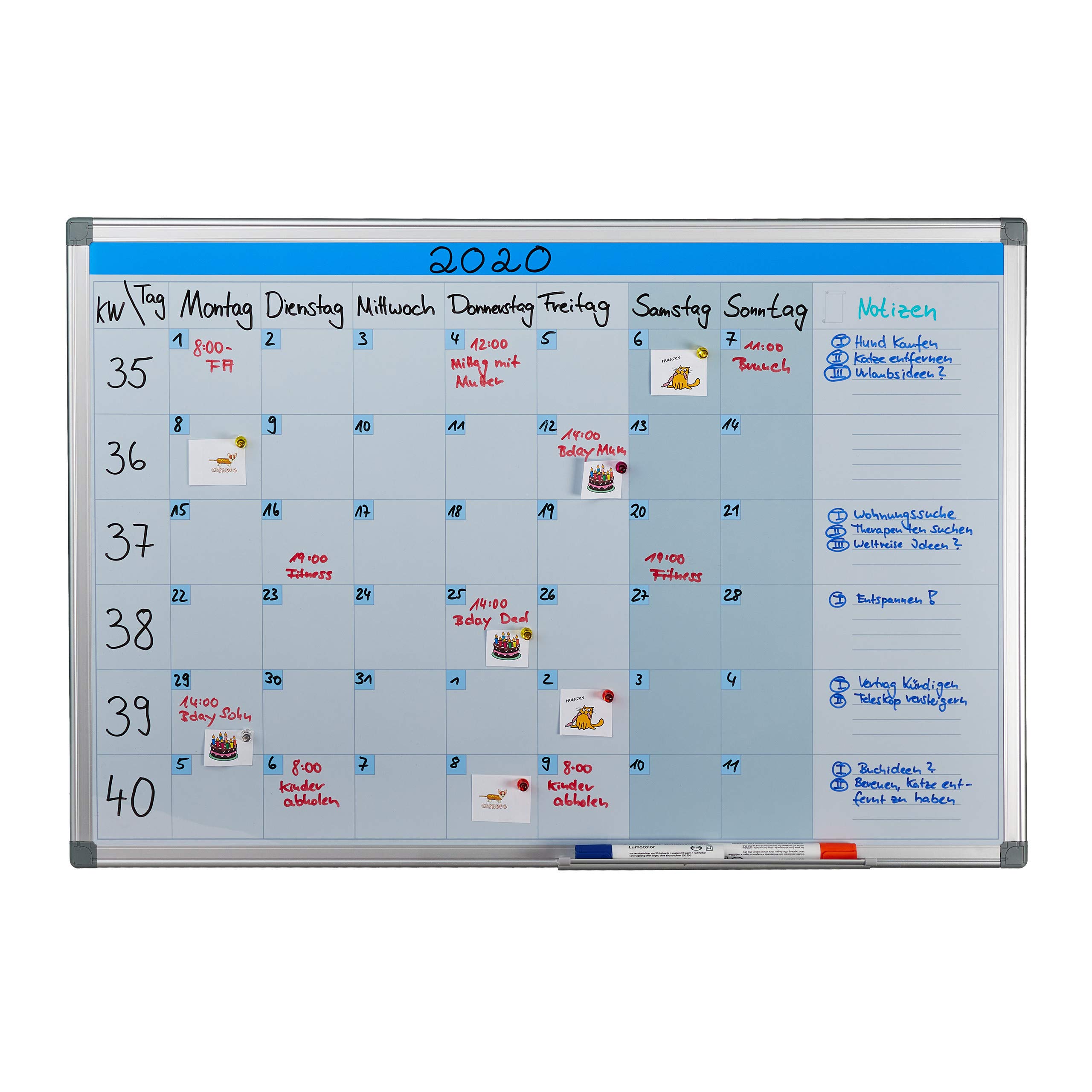 Relaxdays Magnetic Whiteboard, Weekly Planner, for Walls, Wipeable, Planning Board with Pen Tray, Memo Board 60 x 90 cm, White
