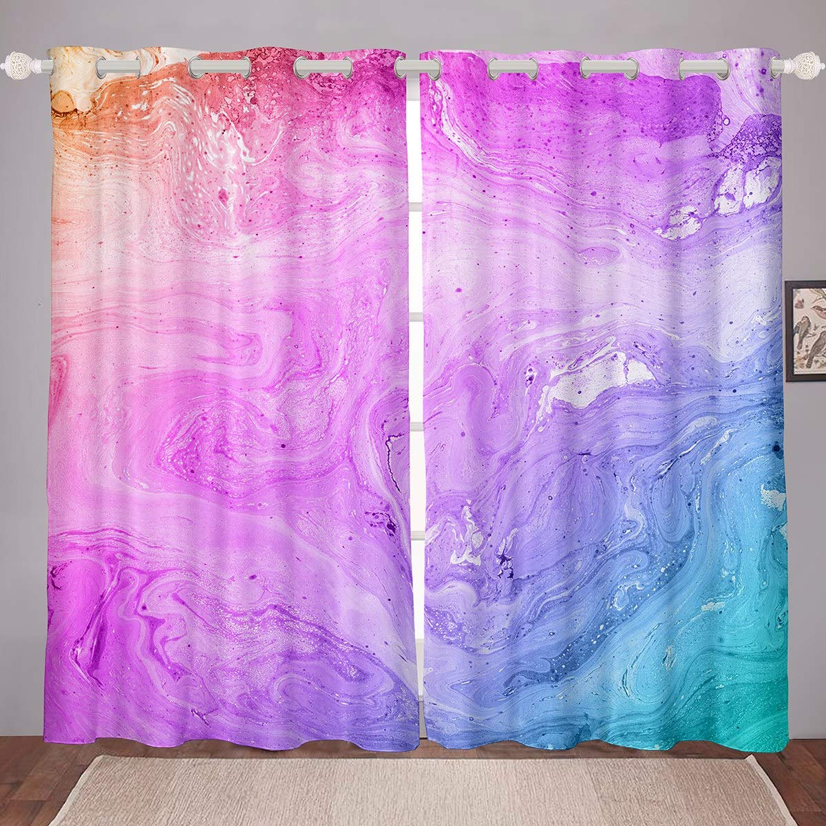 Girly Fluid Curtains Colorful Marble Printed Curtains for Bedroom Living Room Rainbow Galaxy Marble Windows Drapes Abstract Psychedelic Room Decoration for Girls Women Adults,W66*L72