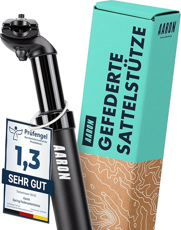 AARON Spring Federsattelstütze - [Das Original] - 27,2, 30,9 oder 31,6 mm Durchmesser - Gefederte Aluminium Sattelstütze 350mm Länge - Fahrrad Sattelstütze gefedert für E-Bike, MTB, Downhill, Trekking