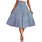 BARASA Summer Women's Midi Skirts Boho High Elastic Waist Fake Drawstring Floral Print A line Casual Cute Skirt D626
