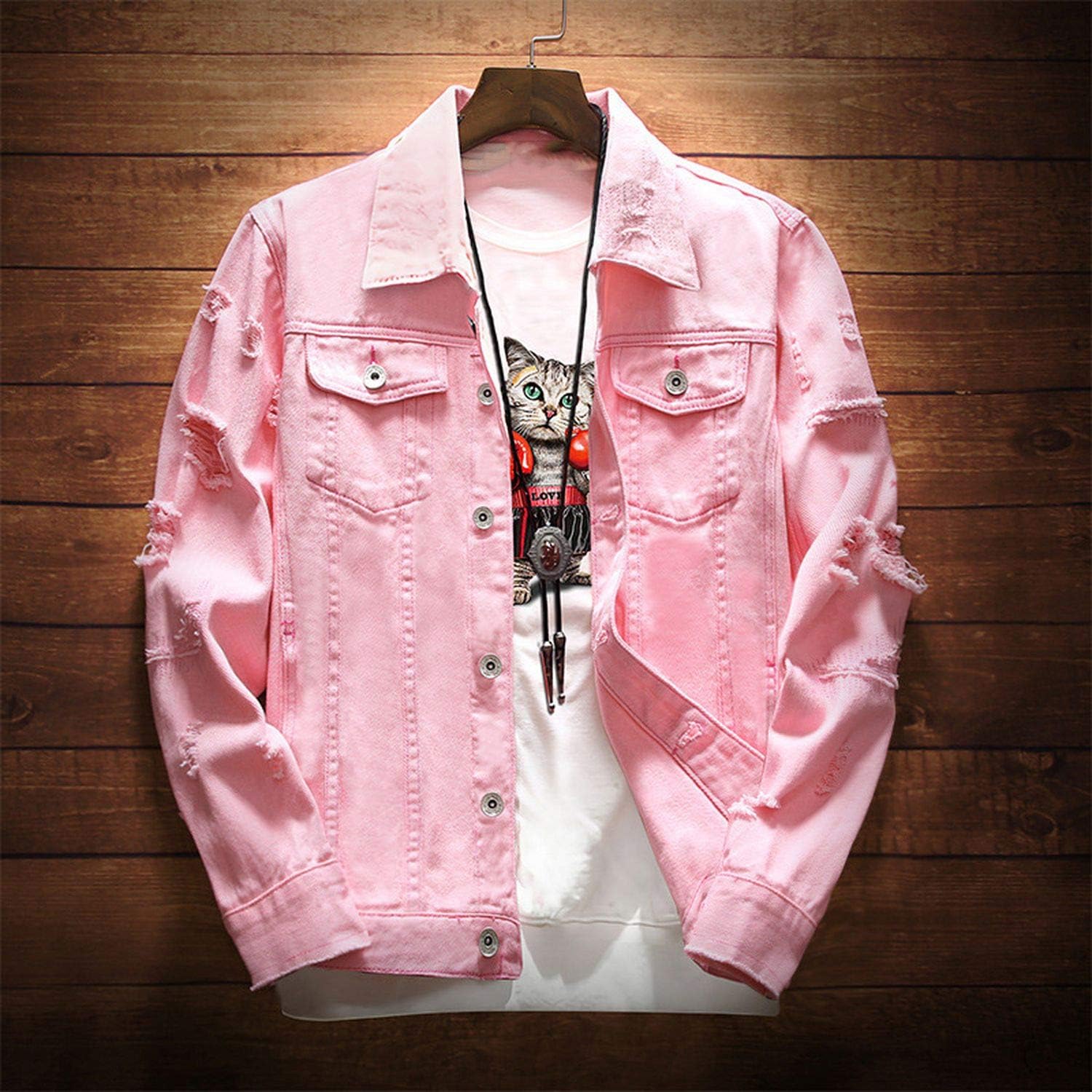mens denim jacket pink