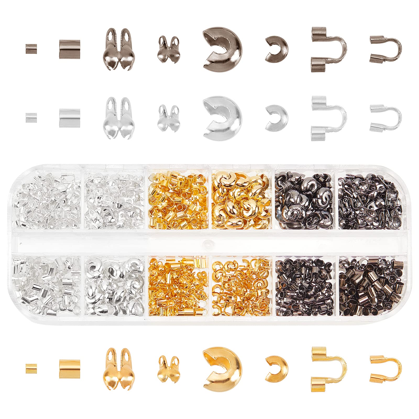 SUNNYCLUE 1 Box 900pcs Jewelry Findings Kit 3 Colors 2 Size Bead Tips & Crimp Beads Covers & Tube Brass Crimp Beads & Wire Guardians Jewelry Making Supplies, Mixed Color