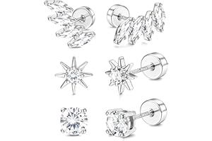 Dochais Flat Back Sterling Silver Earrings 14K Gold Plated Hypoallergenic Stud Earrings for Women Men Tragus Helix Piercing Jewelry Small Cubic Zirconia Cartilage Earring Sets