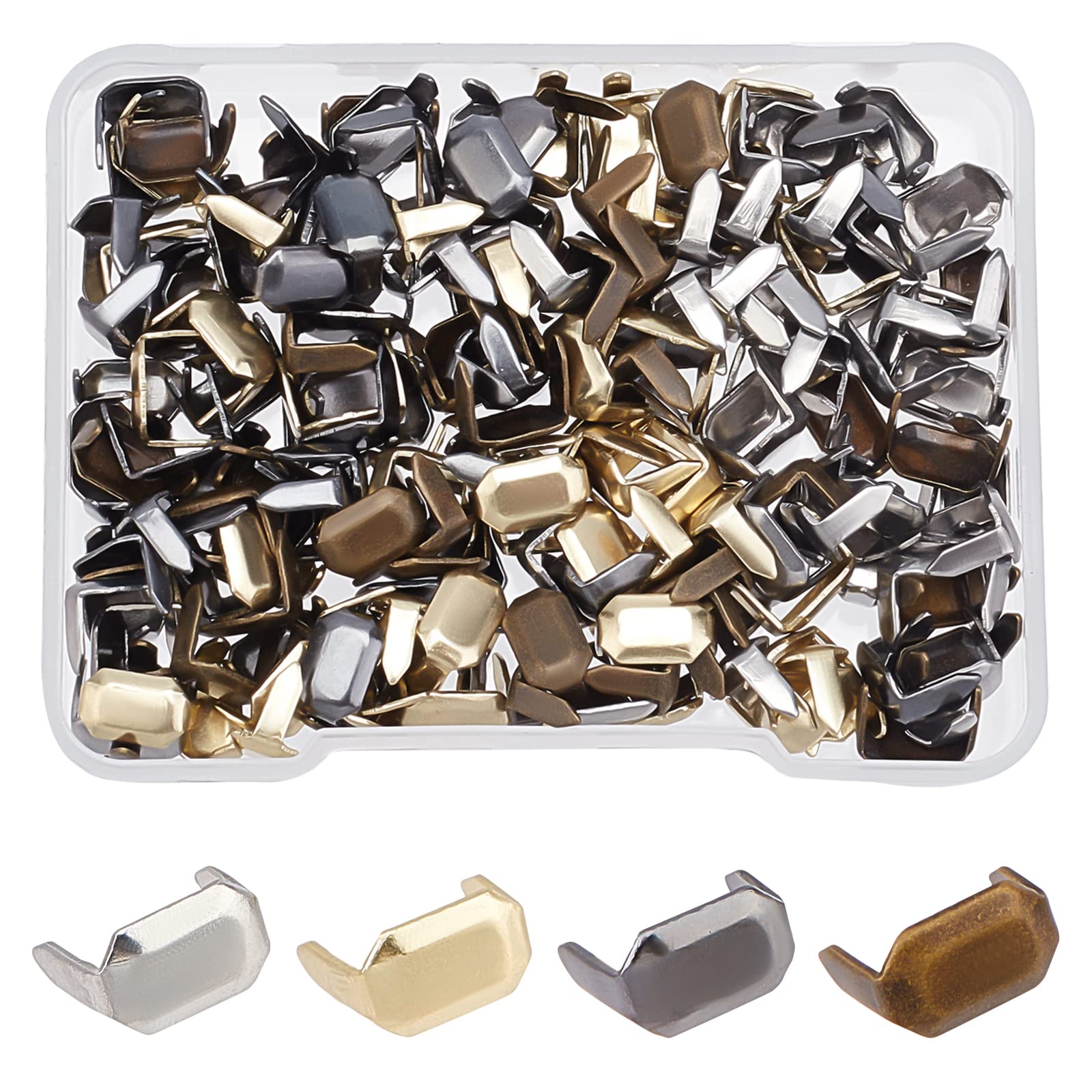 SUPERFINDINGS 200Pcs 4 Color Brass Belt Staples Claps 8x5mm Rectangle Metal Leather Staples Leather Button for Belt Bag Replacement Repair Accessories