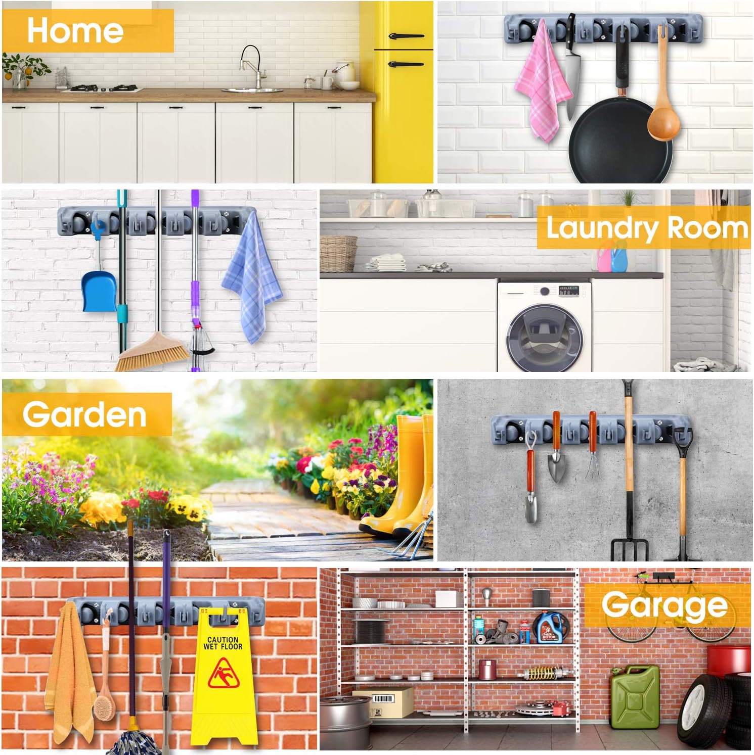 Mop Broom Holder Wall Mounted Kitchen Hanging Garage Utility Tool Organizers and Storage Rack For Commercial Bathroom Laundry Room Closet Gardening (Grey): Home Improvement