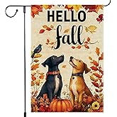 Hello Fall Garden Flag Autumn Dogs Garden Flags for Outdoor, 12x18 Double Sided Leaves Thanksgiving Vertical Burlap Holiday Outside Decorations Patio Lawn Yard Flag