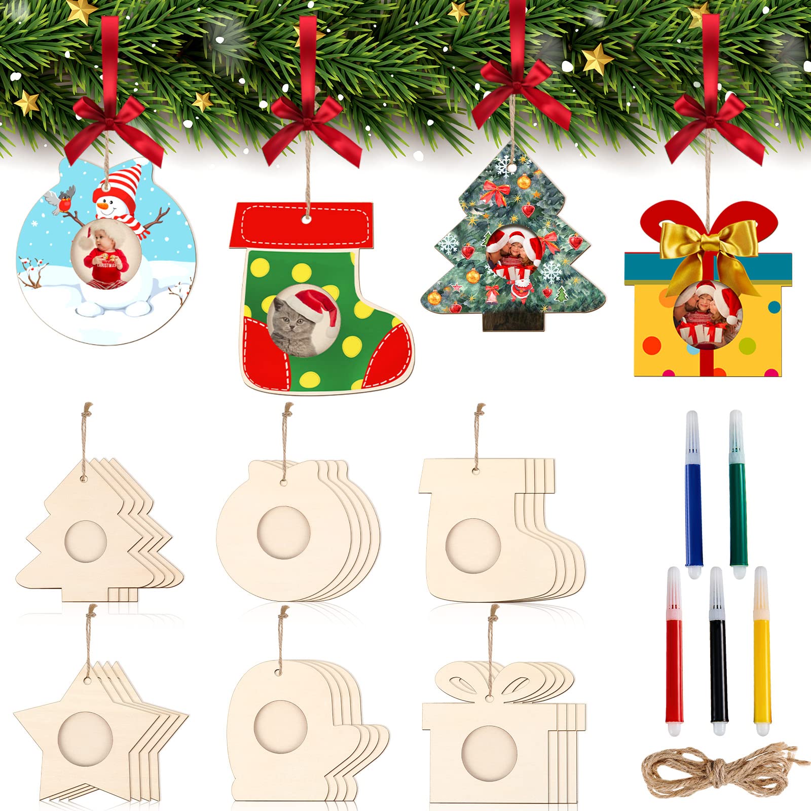 Photo 1 of 24 Pack Christmas Picture Frame Ornament 2026 DIY Xmas Photo Ornaments for Christmas Tree Wooden Crafts Frame Making Kit with Colored Markers for Kid Classroom Holiday Presents Tree Garland Decor