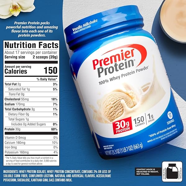 PREMIER PROTEIN POWDER, VANILLA MILKSHAKE, 30G PROTEIN, 1G SUGAR, 100% WHEY PROTEIN, KETO FRIENDLY, NO SOY INGREDIENTS, GLUTEN FREE, 17 SERVINGS, 23.3 OUNCES