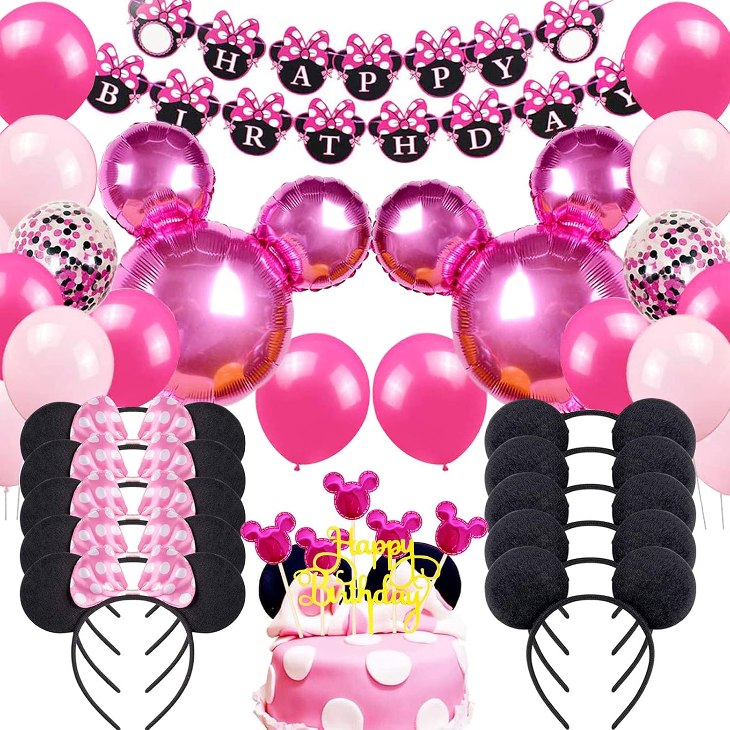 Danirora Minnie Mouse Birthday Party Supplies, Minnie Mouse Party Decorations for Girls 1st 2nd 3rd Birthday Decor Pink Balloon Banner and Mouse Ears Headband for Kids: Toys & Games