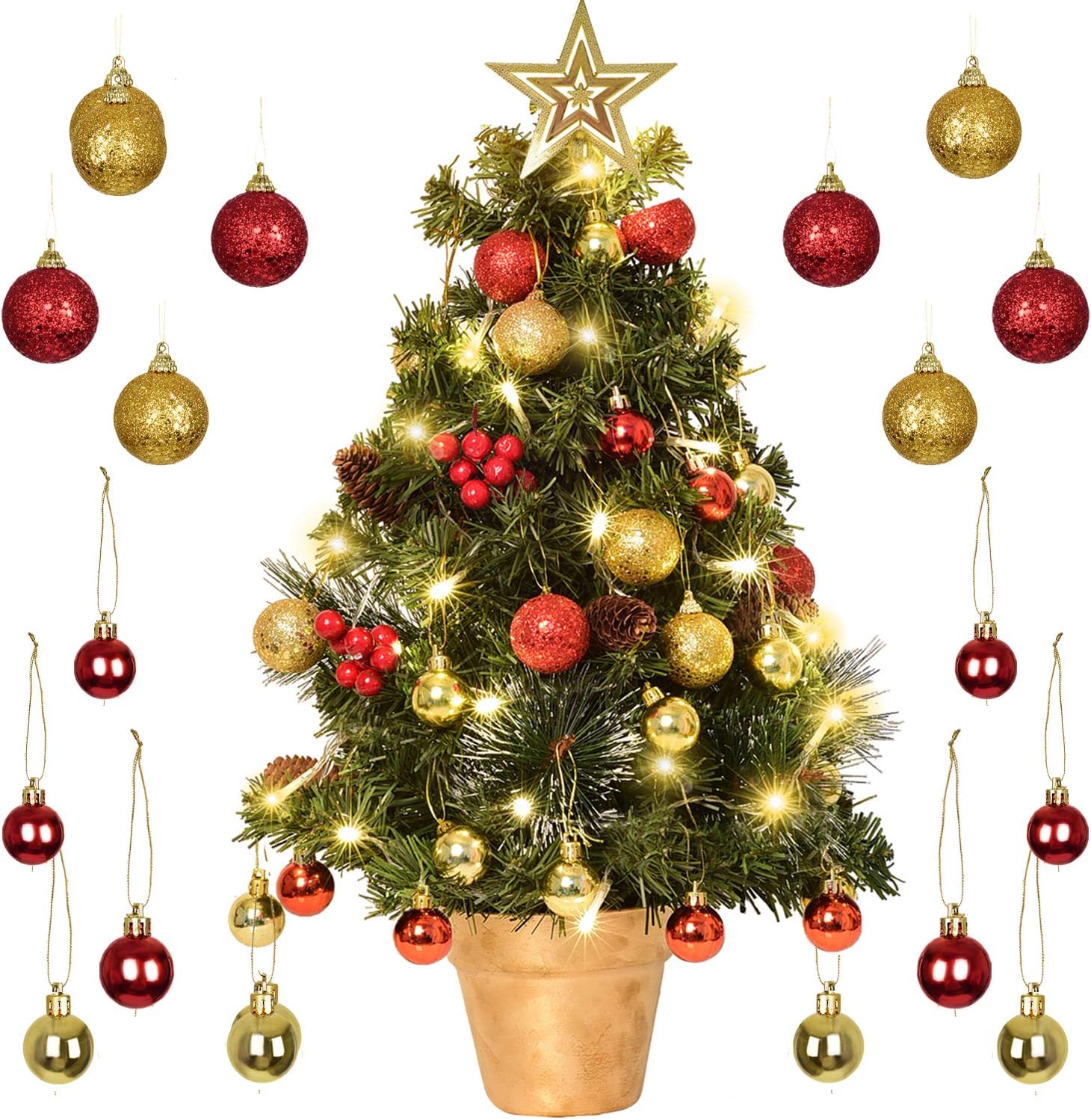 DearHouse 24 inch Tabletop Mini Artificial Christmas Tree Decor with Red Berries Perfect for Indoor and Outdoor Holiday Decoration, Include 29 Gold and Red Ball and Star Treetop Ornaments