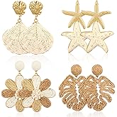 Nosiny 4 Pairs Rattan Earrings Beach Handmade Raffia Earrings Set for Women Bohemian Statement Earring Drop Dangle Summer Starfish Shell Monstera Daisy Flower Jewelry for Party Wedding Daily Travel