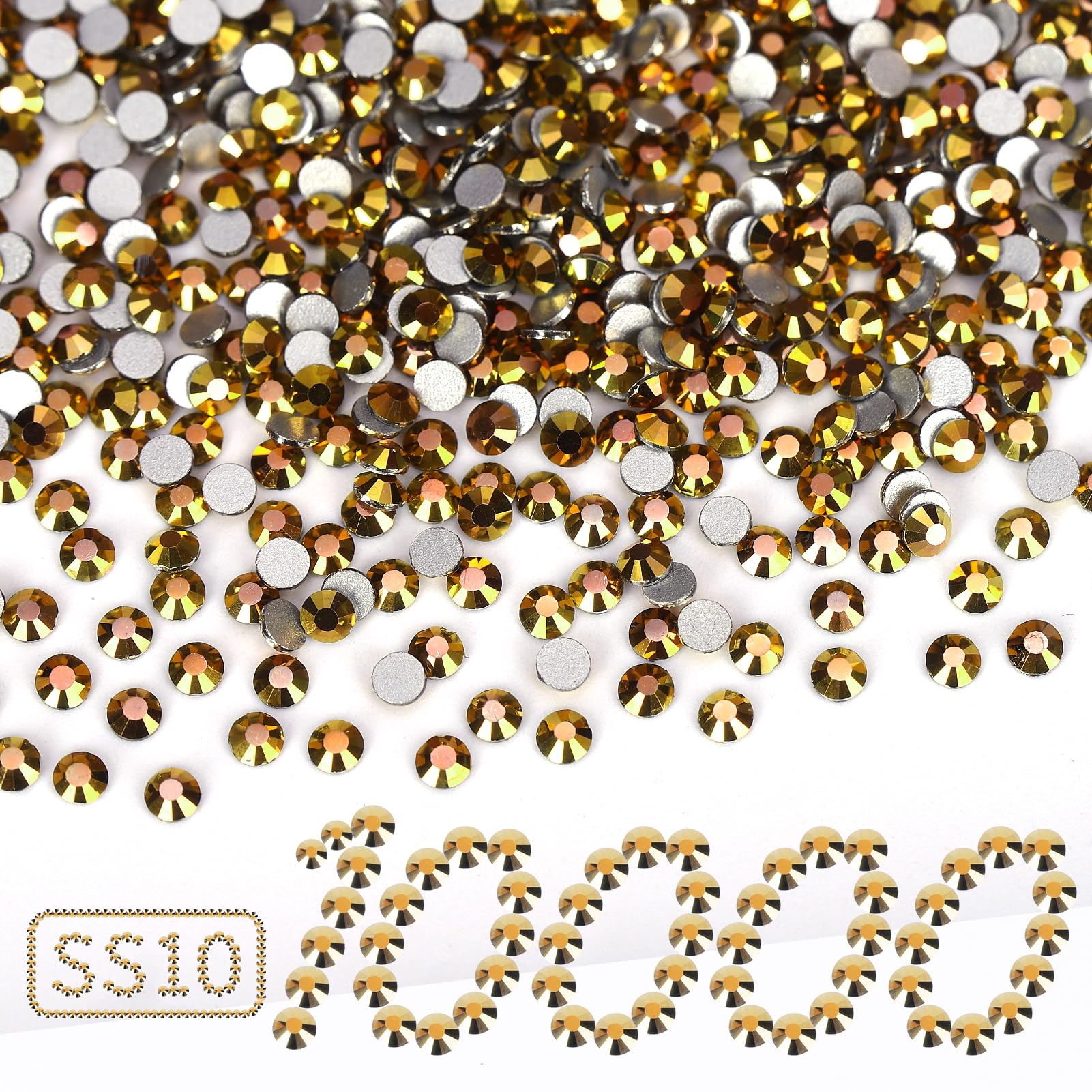 Photo 1 of 10000PCS Gold Rhinestones Bulk, Flat Back Crystal Glass Stone Round Gems,SS10, 2.7-2.9mm