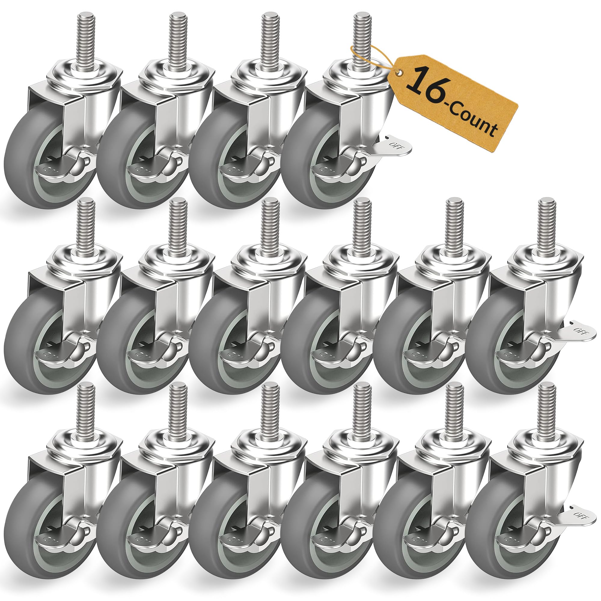 Photo 1 of HOLKIE Caster Wheels 3 inch Locking Casters Set of 16, Threaded Stem 3/8" -16 x 1-1/2" (Diameter 3/8", Length 1-1/2") Swivel Heavy Duty Castors Gray