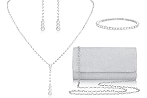 ShinyStyle J4You Silver Prom Jewelry Set for Women Rhinestone Necklace Dangle Earrings Bracelet Clutch Purse Silver Accessories Bride Bridesmaid Crystal Bridal Jewelry for Wedding Engagement Party Prom Accessories