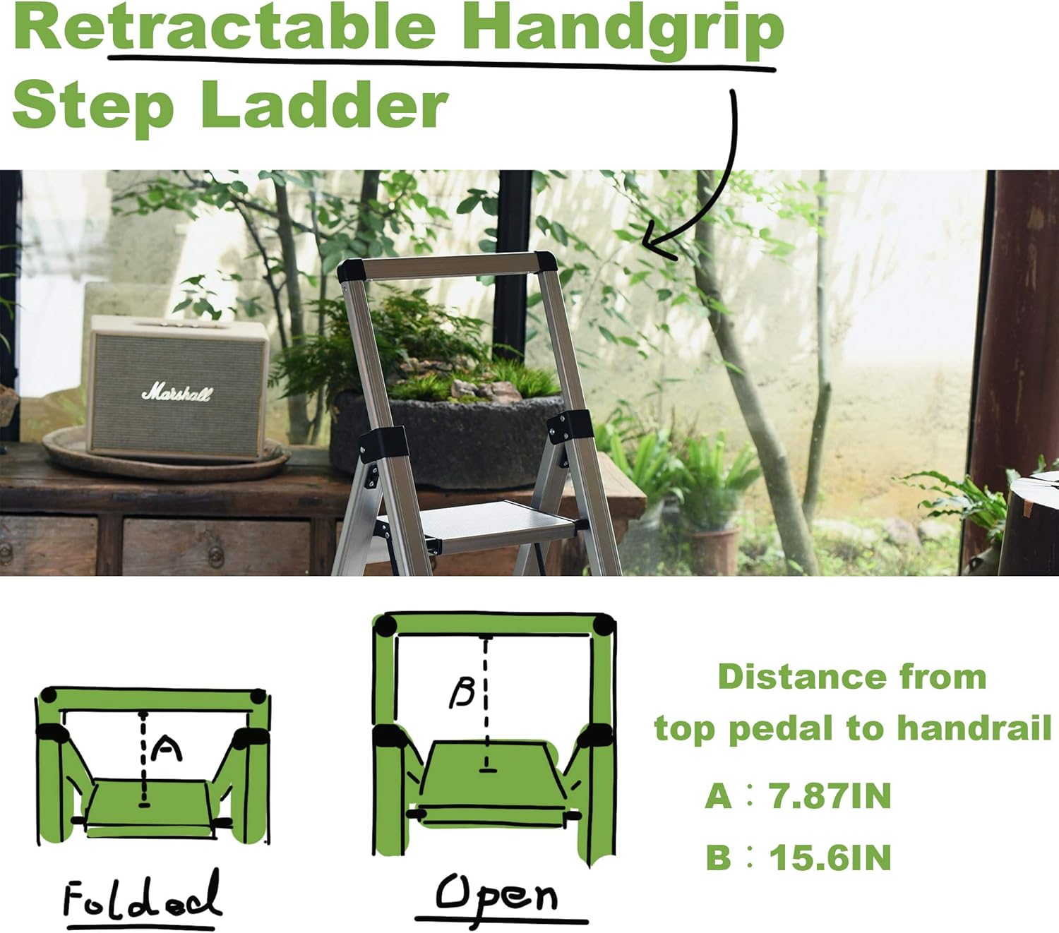 Xinsunho Retractable Handgrip 4 Step Ladder Safety Wide Pedal Step Stool Aluminum 300lbs Capacity Slim Design Ladder - - 