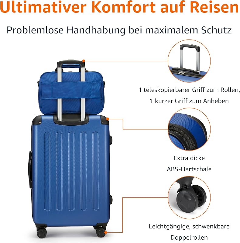 Hartschalenkoffer-Set, 4-teiliges, Großer Koffer, Handgepäckkoffer, Tragetasche, Kompakte Reisetasche, Erweiterbar, 4 Spinner-Räder, Marineblau