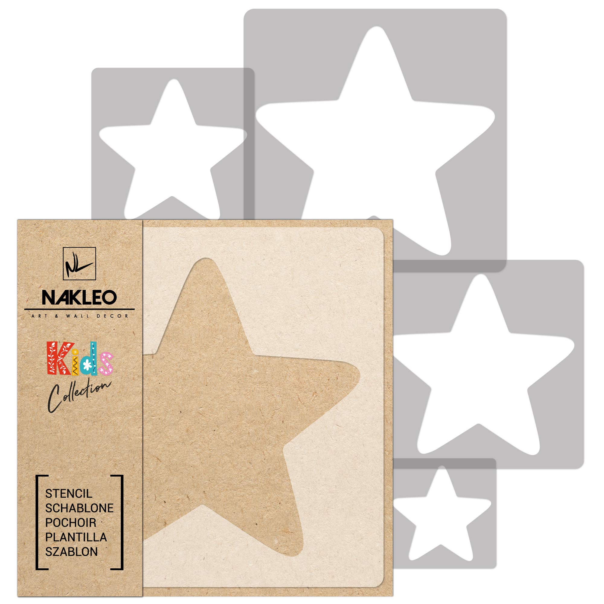 NAKLEO Painting Stencils Set for Nursery Room, 5 Pcs Templates 9x9 to 34x34cm Star, Plastic and Reusable Drawing Stencils, Decor, Craft DIY Wall Furniture