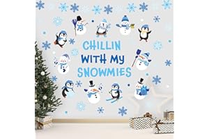 Whaline 9 Sheets Christmas Wall Decal Stickers Blue Chillin with My Snowmies Snowman Snowflake Room Mural Stickers for Winter