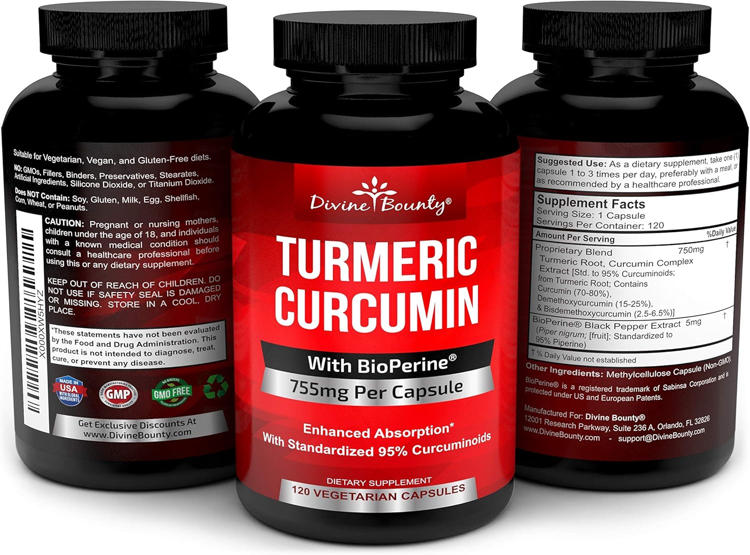 Turmeric Curcumin with BioPerine Black Pepper Extract - 755mg per Capsule, 120 Veg. Capsules - GMO Free Tumeric, Standardized to 95% Curcuminoids for Maximum Potency: Health & Personal Care